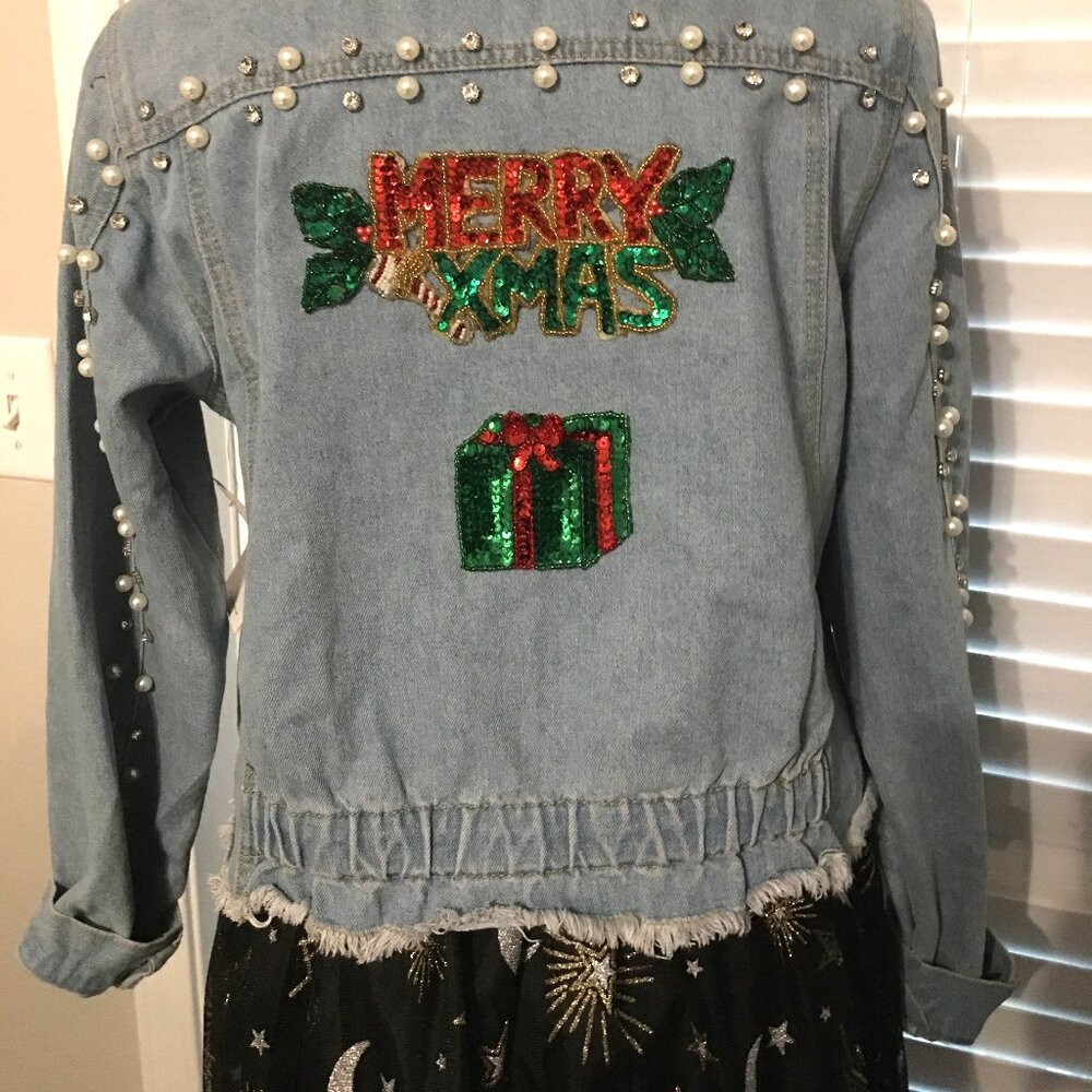 Denim Jean Christmas Jacket, Bling Bling, Sequin Logo New Size Medium